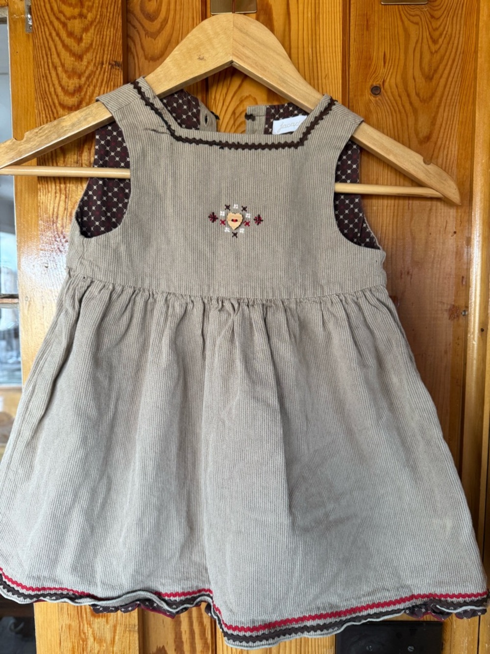 Jacadi Beige Corduroy Pinafore Dress with Brown and Red Trim Vintage Baby